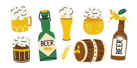 Oktoberfest beer festival groovy elements set in doodle cartoon style. Different beer types. Beer bottles, mugs, pretzel, sausage, barrel, hops. Beer stickers for patches, labels, holiday greetings