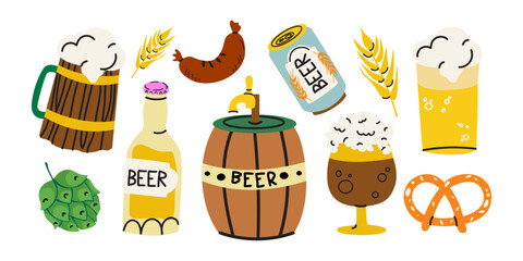 Oktoberfest beer festival groovy elements set in doodle cartoon style. Different beer types. Beer bottles, mugs, pretzel, sausage, barrel, hops. Beer stickers for patches, labels, holiday greetings © luamor