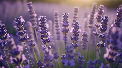 Tranquil close-up of blooming lavender flowers under warm golden sunlight