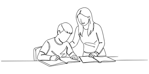 Continuous one line drawing of a teacher helping a disabled child, symbolizing education for people with disabilities, line art style vector illustration.