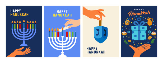 Happy Hanukkah 2025 greeting cards set with hand holding colorful menorah. Traditional symbol of Jewish Holiday of Lights - menorah, dreidel and gift for banner or poster design. Vector illustration