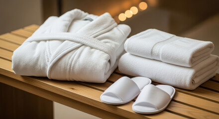 Plush white robes towels and slippers on wooden bench