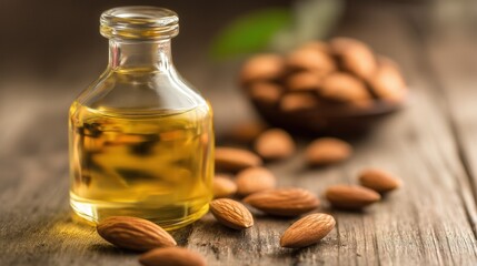 Almond Oil in Glass Bottle with Raw Almonds on Wooden Table. Generative AI