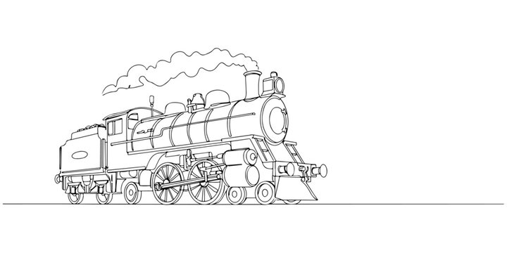 Continuous one line drawing of a steam engine train, symbolizing history and innovation, line art style vector illustration.