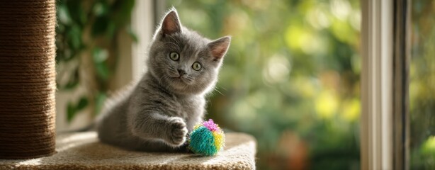 The kitten lounging on a cozy cat tree near a sunlit window with toy