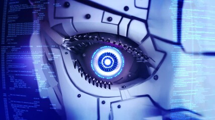 AI robot eye dark tech space, cyborg vision digital background. Cyber security, future data, artificial intelligence, network high technology display application reality holograms safety scanning 3D - Powered by Adobe