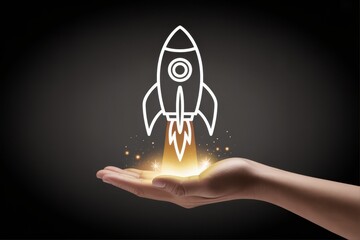 Rocket launch startup business innovation technology hand growth success creative idea concept future vision plan