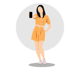 Vector illustration of a young woman holding a cell phone isolated full.