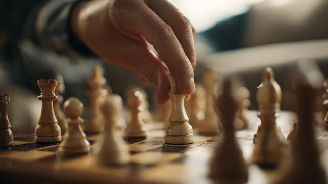 close up of a hand playing chess