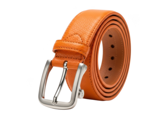 Elegant orange leather belt with silver buckle on black background