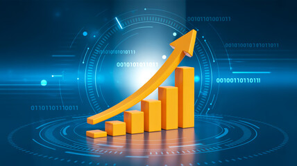 A 3D business growth chart visualization with a rising orange arrow and yellow-orange bars against a deep blue digital background