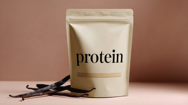 A stand-up protein pouch with a minimalistic design features bold lettering on a smooth surface. Set against a soft pink background, it highlights health and nutrition