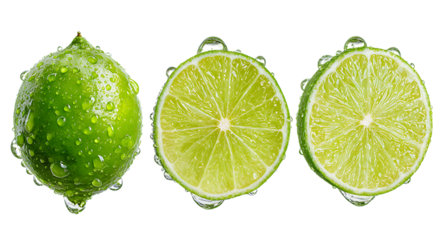 Fresh limes with water droplets, whole and halved, arranged in a row on transparent background