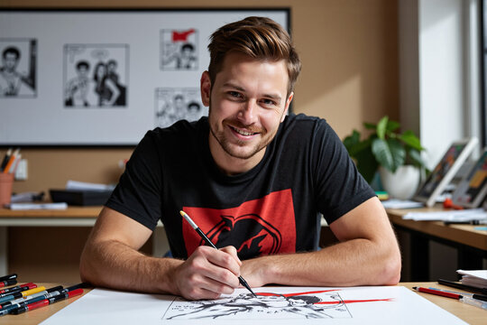 Happy young illustrator, artist, or comic book creator smiling at the camera while drawing a sketch at his desk in a creative studio, representing a successful freelance career and passion - Powered by Adobe