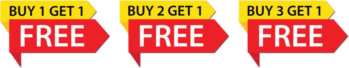 Set of buy get free sale offer tags. Buy 1 get 1, buy 2 get 1 and buy 3 get 1 sale offer.