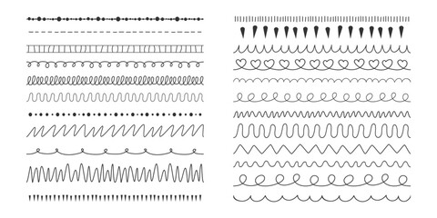 Handwritten doodle pen brush vector set. Playful decorative strokes. Whimsical underline brush collection. Wavy squiggly line separators for planner