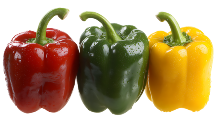 Fresh red, green, and yellow bell peppers with water droplets on transparent background closeup