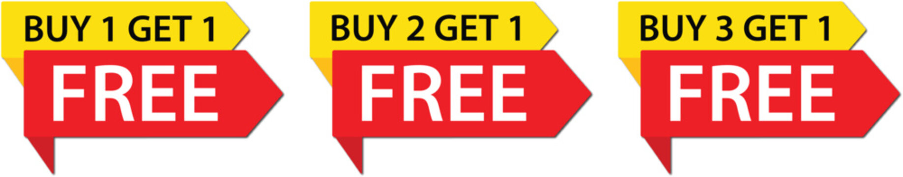 Set of buy get free sale offer tags. Buy 1 get 1, buy 2 get 1 and buy 3 get 1 sale offer.