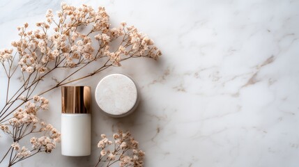 Minimal Skin Care Set With White Bottle And Cream Jar On Marble Background
