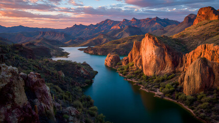 Sunset Glow Reflecting Over a Vibrant Canyon Lake &ndash; Golden Light, Dramatic Cliffs, and Serene Desert Waters