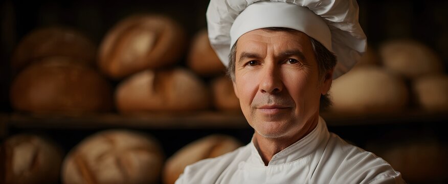The bakery chef holding fresh loaves and tasty baked goods with a smile