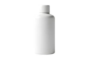 A plain white cylindrical bottle with a white cap isolated on a black background