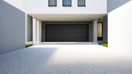 Garage entrance with modern design and clean landscaping in a quiet residential area