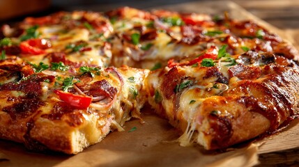 Indulge in a perfectly baked, cheesy pizza piled high with savory toppings and fresh herbs, ready for sharing.