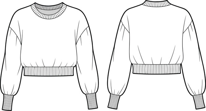 Cropped sweatshirt technical flat sketch, balloon sleeve ribbed hem design, front and back view, cad drawing flat vector illustration