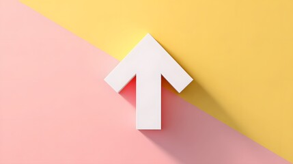 Flat design white upward arrow over a subtle yellow and pink pastel background