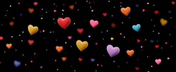 The colorful hearts burst with love and happiness surrounded by joyful confetti.