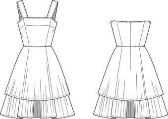 Dress technical fashion sketch, tiered sleeveless dress, flat vector CAD drawing, sewing pattern illustration design