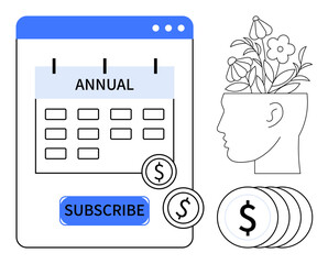 Calendar with annual subscription, Subscribe button, currency coins, and blooming head symbolizing growth. Ideal for finance, learning, creativity, planning, productivity subscriptions abstract