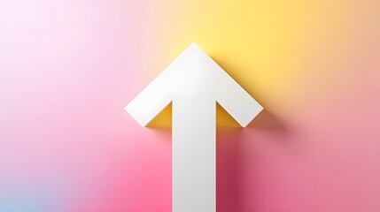 Flat design white upward arrow over a subtle yellow and pink pastel background