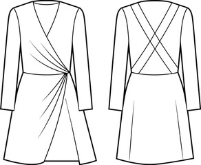 Elegant wrap dress technical flat sketch, asymmetrical design, cad drawing flat vector illustration