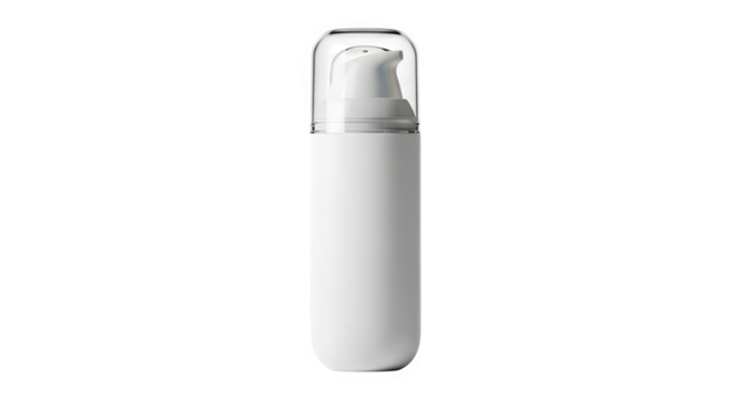 Minimalist white cosmetic bottle with clear cap and pump dispenser isolated on black background