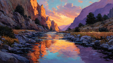 Golden Sunset Illuminating a Vibrant Canyon River &ndash; Glowing Waters, Dramatic Cliffs, and Stunning Desert Landscape