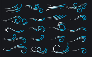 Icon set depicting waves and water movement. Swirls, curves, and liquid flows. Blue water flow lines, vector elements
