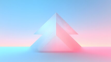 White upward arrow over a light blush and sky blue pastel gradient, soft lighting
