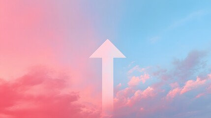 White upward arrow over a light blush and sky blue pastel gradient, soft lighting