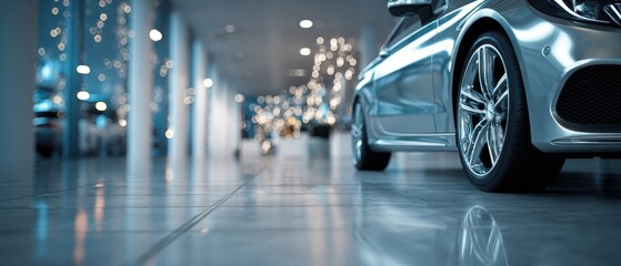 The Car Gleaming in a Luxury Showroom with Reflective Floor and Bokeh Lights