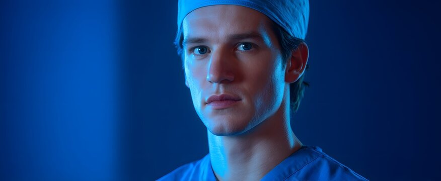 The doctor in blue scrubs radiates calm compassion and unwavering hope.