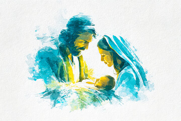 A beautiful watercolor artwork of the Holy Family, featuring Mary, Joseph, and baby Jesus in a manger, surrounded by a calming light and colors