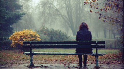 Solitary woman contemplates life on a damp park bench during a melancholic autumn rain shower, evoking deep introspection and quiet reflection.