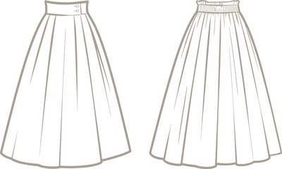 Long skirt fashion sketch with pleated and elastic waistband variations, women apparel design, cad drawing flat vector illustration