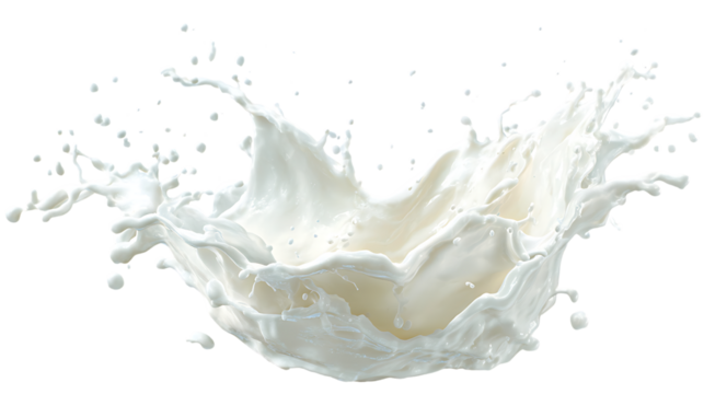 Milk splash with droplets on transparent background showcasing creamy texture and dynamic fluid motion