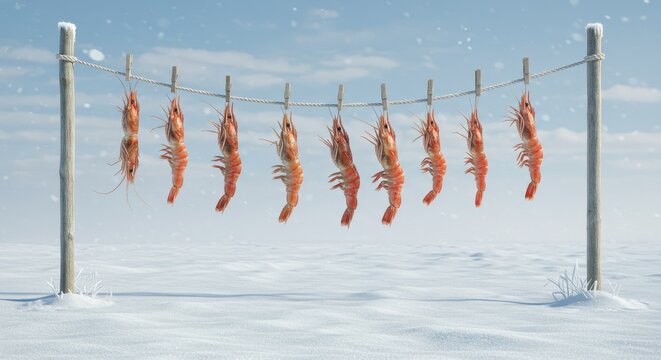 Frozen Delights: A whimsical scene unfolds where prawns, meticulously lined and clipped, hang drying against a backdrop of a frozen world, a unique twist on nature's art.