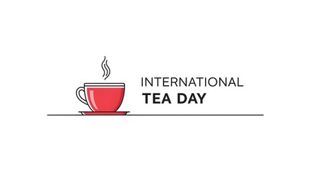Red teacup with steam and international tea day text on white background