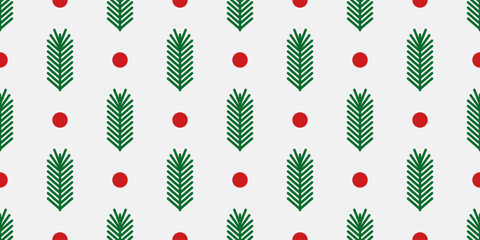 Christmas tree fir branch and red berries seamless holiday pattern. Vector illustration.