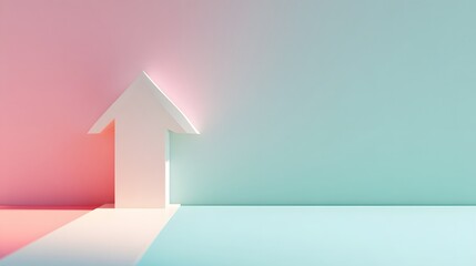 White upward arrow with shadow on a mint and baby pink pastel gradient